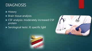 DIAGNOSIS
 History
 Brain tissue analysis
 CSF analysis: moderately increased CSF
protein
 Serological tests: JE specific IgM
 