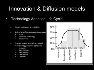 Innovation & Diffusion models Technology Adoption Life Cycle Based on Rogers work (1962) Aplicable to Discontinuous Innovation HDTV NanoSolar Technology Electric Cars 5 target groups are defined based on technology adoption behaviour Innovators Early Adopters Early Majority Late Majority Laggards 