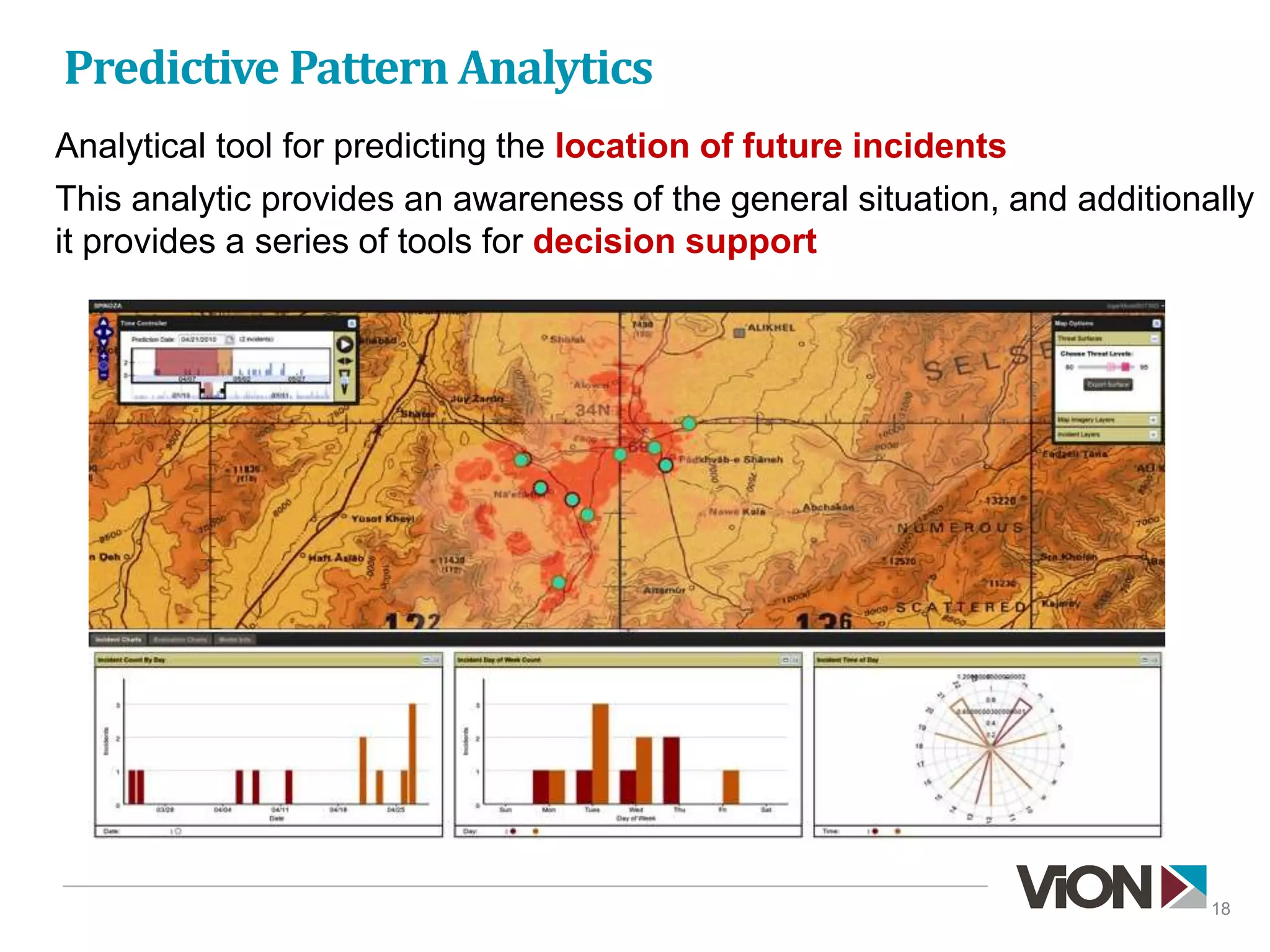 Predictive Pattern Analytics
Analytical tool for predicting the location of future incidents
This analytic provides an awareness of the general situation, and additionally
it provides a series of tools for decision support
18
 