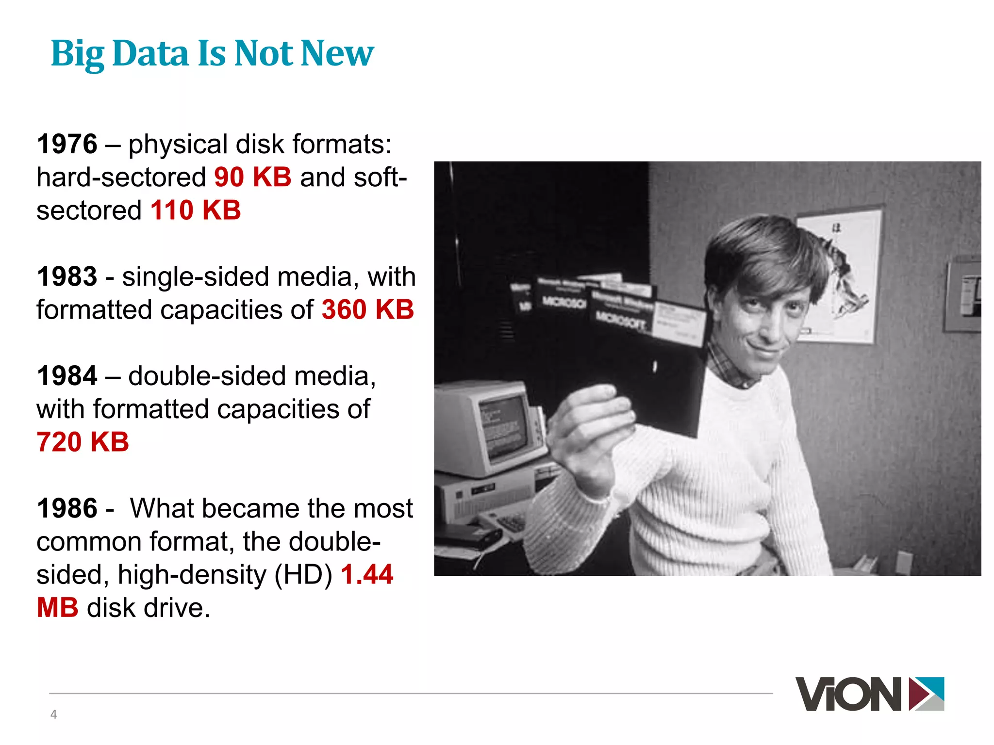 Big Data Is Not New
4
1976 – physical disk formats:
hard-sectored 90 KB and soft-
sectored 110 KB
1983 - single-sided media, with
formatted capacities of 360 KB
1984 – double-sided media,
with formatted capacities of
720 KB
1986 - What became the most
common format, the double-
sided, high-density (HD) 1.44
MB disk drive.
 