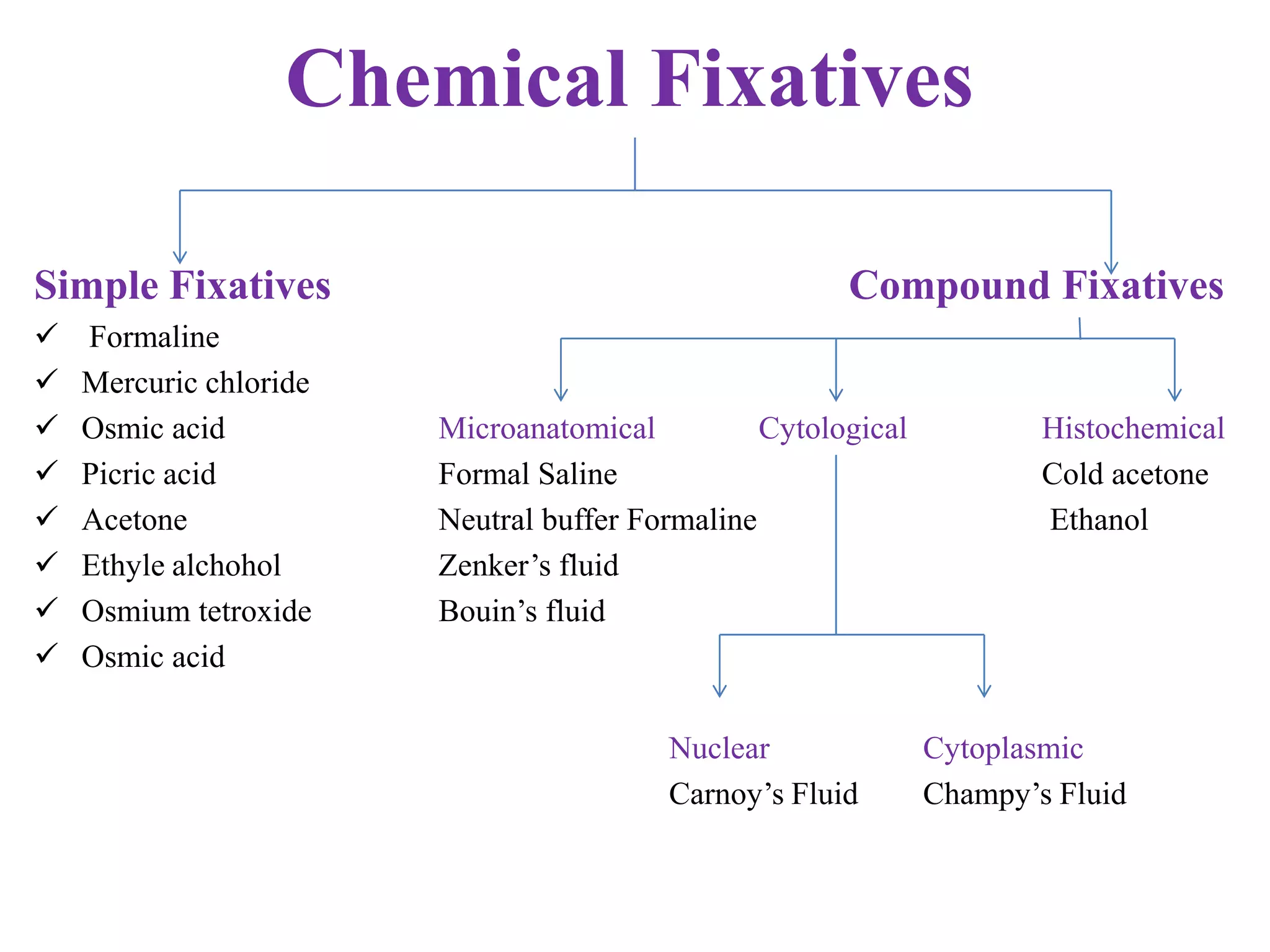 Chemical Fixatives

Simple Fixatives                                       Compound Fixatives
   Formaline
   Mercuric chloride
   Osmic acid          Microanatomical          Cytological           Histochemical
   Picric acid         Formal Saline                                  Cold acetone
   Acetone             Neutral buffer Formaline                       Ethanol
   Ethyle alchohol     Zenker’s fluid
   Osmium tetroxide    Bouin’s fluid
   Osmic acid

                                         Nuclear               Cytoplasmic
                                         Carnoy’s Fluid        Champy’s Fluid
 