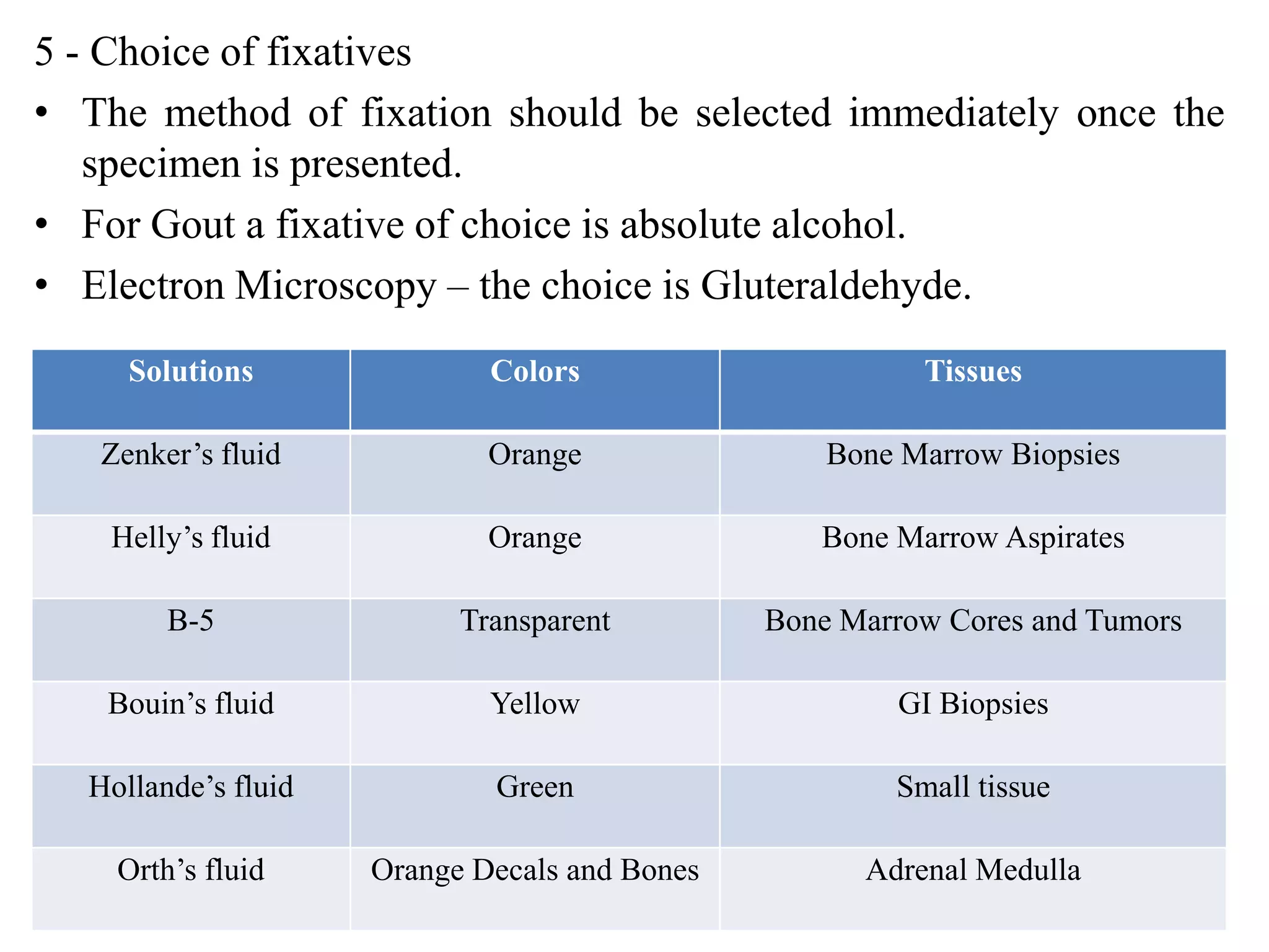 5 - Choice of fixatives
• The method of fixation should be selected immediately once the
   specimen is presented.
• For Gout a fixative of choice is absolute alcohol.
• Electron Microscopy – the choice is Gluteraldehyde.
     Solutions               Colors                      Tissues

   Zenker’s fluid            Orange                Bone Marrow Biopsies

    Helly’s fluid            Orange               Bone Marrow Aspirates

        B-5                Transparent         Bone Marrow Cores and Tumors

   Bouin’s fluid             Yellow                    GI Biopsies

  Hollande’s fluid           Green                     Small tissue

    Orth’s fluid     Orange Decals and Bones         Adrenal Medulla
 
