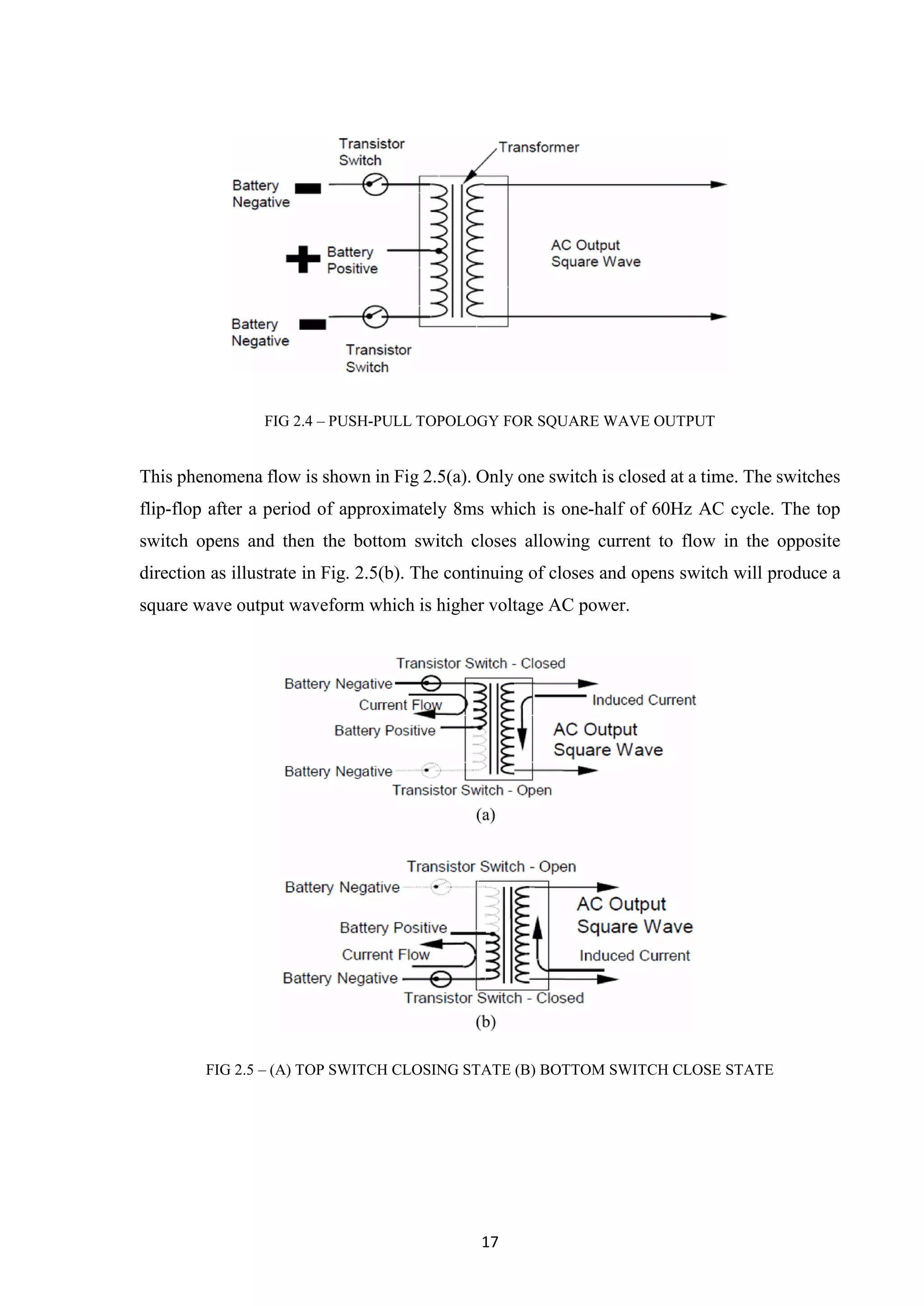 17
FIG 2.4 – PUSH-PULL TOPOLOGY FOR SQUARE WAVE OUTPUT
This phenomena flow is shown in Fig 2.5(a). Only one switch is closed at a time. The switches
flip-flop after a period of approximately 8ms which is one-half of 60Hz AC cycle. The top
switch opens and then the bottom switch closes allowing current to flow in the opposite
direction as illustrate in Fig. 2.5(b). The continuing of closes and opens switch will produce a
square wave output waveform which is higher voltage AC power.
FIG 2.5 – (A) TOP SWITCH CLOSING STATE (B) BOTTOM SWITCH CLOSE STATE
 