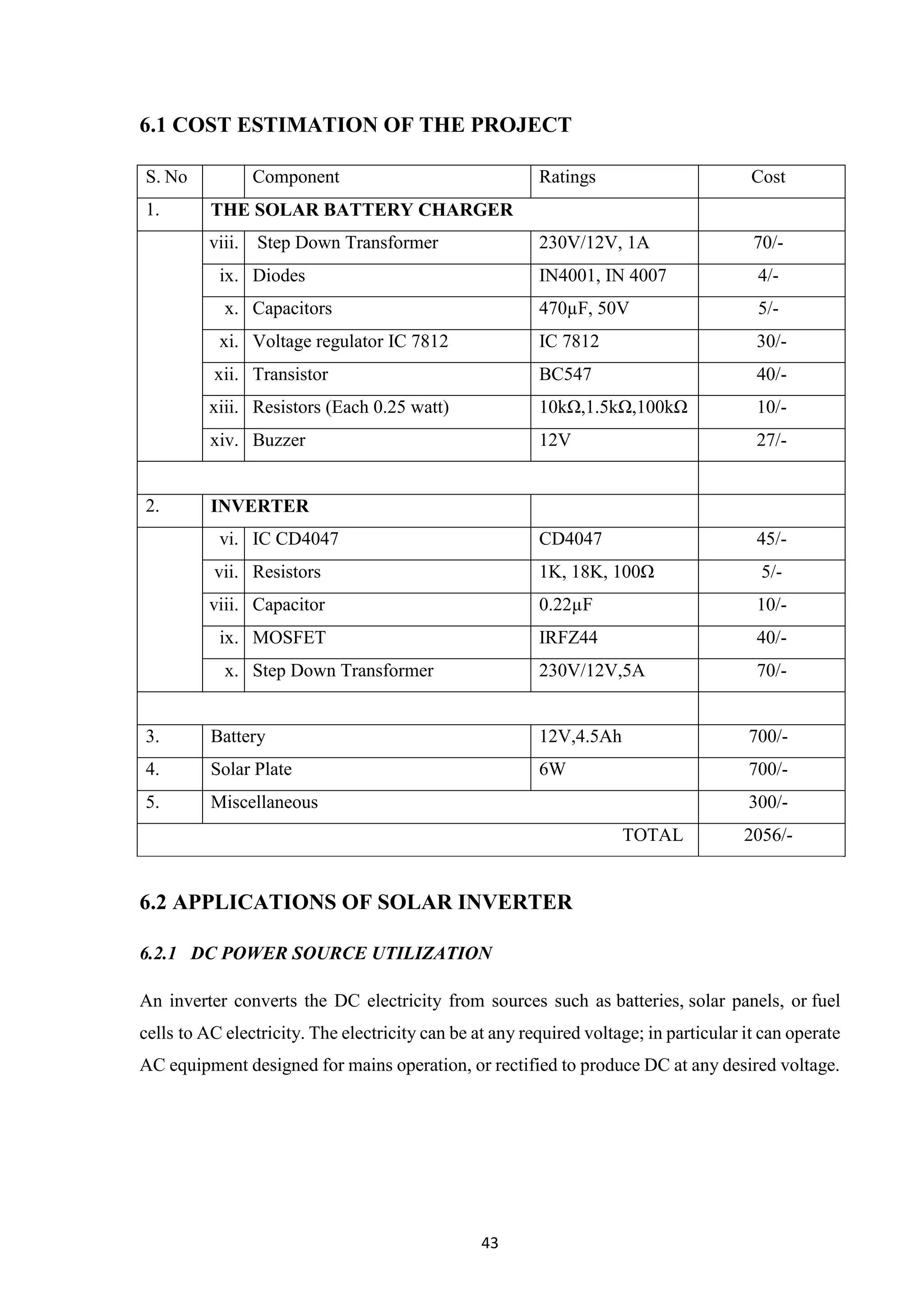 43
6.1 COST ESTIMATION OF THE PROJECT
S. No Component Ratings Cost
1. THE SOLAR BATTERY CHARGER
viii. Step Down Transformer 230V/12V, 1A 70/-
ix. Diodes IN4001, IN 4007 4/-
x. Capacitors 470µF, 50V 5/-
xi. Voltage regulator IC 7812 IC 7812 30/-
xii. Transistor BC547 40/-
xiii. Resistors (Each 0.25 watt) 10kΩ,1.5kΩ,100kΩ 10/-
xiv. Buzzer 12V 27/-
2. INVERTER
vi. IC CD4047 CD4047 45/-
vii. Resistors 1K, 18K, 100Ω 5/-
viii. Capacitor 0.22µF 10/-
ix. MOSFET IRFZ44 40/-
x. Step Down Transformer 230V/12V,5A 70/-
3. Battery 12V,4.5Ah 700/-
4. Solar Plate 6W 700/-
5. Miscellaneous 300/-
TOTAL 2056/-
6.2 APPLICATIONS OF SOLAR INVERTER
6.2.1 DC POWER SOURCE UTILIZATION
An inverter converts the DC electricity from sources such as batteries, solar panels, or fuel
cells to AC electricity. The electricity can be at any required voltage; in particular it can operate
AC equipment designed for mains operation, or rectified to produce DC at any desired voltage.
 