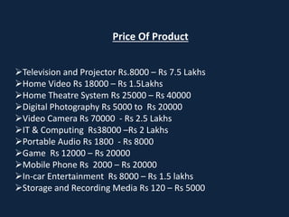 Price Of Product
Television and Projector Rs.8000 – Rs 7.5 Lakhs
Home Video Rs 18000 – Rs 1.5Lakhs
Home Theatre System Rs 25000 – Rs 40000
Digital Photography Rs 5000 to Rs 20000
Video Camera Rs 70000 - Rs 2.5 Lakhs
IT & Computing Rs38000 –Rs 2 Lakhs
Portable Audio Rs 1800 - Rs 8000
Game Rs 12000 – Rs 20000
Mobile Phone Rs 2000 – Rs 20000
In-car Entertainment Rs 8000 – Rs 1.5 lakhs
Storage and Recording Media Rs 120 – Rs 5000
 
