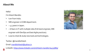 4
Hello!
I’m Hitesh Mandloi.
• I am from India.
• SRE engineer in CCBD department.
• ~ 4.5 years in Japan.
• ~ 6Years in IT with multiple roles (Full stack engineer, SRE
engineer with DevOps and best Agile practices).
• Love to check & study new tools and technologies.
About Me
Twitter: @mandloihitesh
Email: mandloihitesh@yahoo.in
LinkedIn: https://www.linkedin.com/in/hitesh-mandloi-b4535889/
 