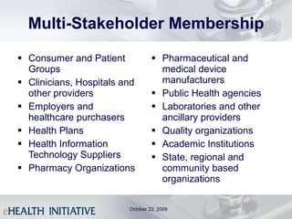 Multi-Stakeholder Membership Consumer and Patient Groups Clinicians, Hospitals and other providers Employers and healthcare purchasers Health Plans Health Information Technology Suppliers Pharmacy Organizations Pharmaceutical and medical device manufacturers Public Health agencies Laboratories and other ancillary providers Quality organizations Academic Institutions State, regional and community based organizations October 22, 2009 