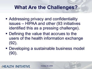 What Are the Challenges? Addressing privacy and confidentiality issues – HIPAA and other (93 initiatives identified this as a pressing challenge). Defining the value that accrues to the users of the health information exchange (92). Developing a sustainable business model (90). October 22, 2009 