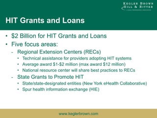 HIT Grants and Loans $2 Billion for HIT Grants and Loans Five focus areas: Regional Extension Centers (RECs) Technical assistance for providers adopting HIT systems Average award $1-$2 million (max award $12 million) National resource center will share best practices to RECs State Grants to Promote HIT State/state-designated entities (New York eHealth Collaborative) Spur health information exchange (HIE) 