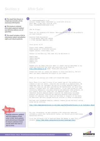 Section 7                                 After Sale

 i The email from Dixons is              i
simple but includes all the                  To: samplename@sample.co.uk
                                             Subject: DIXONS Order: D002350447 at 13/05/2009 14:32:04
necessary information.                       Date: Wed, 13 May 2009 14:41:48 +0100
                                             From: DIXONSWEBSALES@DIXONS.CO.UK
ii The products ordered,
price paid, payment method
and delivery address are all                 Dear Mr Bloggs,
                                                                                                  ii
specified.                                                                             re     det
                                             Thank you for shopping with Dixons. Here are the details of the product/s
                                             you have ordered:
 iii The email includes a link to
information about cancellation               Quantity Code Description
rights and returns policies.                 1 037349 MATSUI MKE1151W* KETTLE
                                             1 177581 DELIVERY SERVICE S MALL


                                             Total price: £5.99

                                             Dixons order number: D000000001
                                             Order placed on: 13/05/2009 14:32:04
                                             Payment method: Credit/Debit Card

                                             Subject to availability, the order will be delivered to

                                             Sample Name
                                             Sample Address
                                             Sample Town
                                             Sample City
                                             Postcode

                                             Payment will be taken from your debit or credit card as described in our
                                             terms and conditions The terms and conditions can be found on
                                             http://www.dixons.co.uk under ‘Terms and Conditions’.

                                             Please note that all orders are subject to stock availability. We will
                                             email you again regarding the status of your order.


                                             Thank you for placing your order with Dixons Web Sales.


                                             Note: There is no need to worry if you cannot see all the products you
                                             ordered in the list above - they will be included in a separate mail. We
                                             sometimes offer our customers the ability to place advanced orders for
                                             items that have not yet been launched by the manufacturer (we would have
                                             quoted a ‘release date’ for these products). If you have placed an order
                                             containing immediately available products and advanced order products, we
                                             will usually split your order into two separate orders. You would
                                             therefore receive separate emails covering the immediately available
                                             products and another covering the remaining advanced order products.
                                             Payment for advanced order items will be taken on dispatch of the goods.
                                             No additional delivery charges would be incurred in these circumstances.

                                             How does your broadband supplier compare? Compare prices and start saving
                                             money now by visiting:

                                             http://www.comparemoreatdixons.co.uk/index.aspx?ReffererRef=Dixons.co.uk_fulﬁlemail_Bband



Top tips
                                             For your convenience, we have attached a PDF containing important
 Keeping custo
           customers updated
                omer                         information about your cancellation rights, our returns policy and Dixons                    iii
                                             Aftersales service.
 with the progress of their
           progr
 order is vital. Send updates
          vital S                            Click the following link to download Adobe PDF Reader to open this
 post-sale and post-despatch                 document.[http://www.adobe.com/products/acrobat/readstep2.html]
 to ensure customers know
 exactly when their item is
 due to arrive.




Hitting the Checkout 2009/10 - The dotCommerce benchmark study of ecommerce site performance   Page 36
                                                                                                                         Part of the dotDigital Group PLC
 