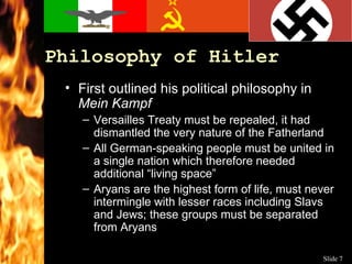 Philosophy of Hitler First outlined his political philosophy in  Mein Kampf Versailles Treaty must be repealed, it had dismantled the very nature of the Fatherland All  German -speaking people must be united in a single nation which therefore needed additional “living space” Aryans are the highest form of life, must  never  intermingle with lesser races including Slavs and Jews; these groups must be separated from Aryans 