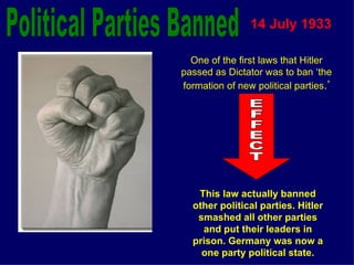 Political Parties Banned 14 July 1933   One of the first laws that Hitler passed as Dictator was to ban ‘the formation of new political parties .’ EFFECT This law actually banned other political parties. Hitler smashed all other parties and put their leaders in prison. Germany was now a one party political state. 