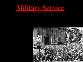 Military Service
Adolf left Austria at the age of 24 to avoid mandatory
military service that was required of all men.
But he did sign up for
military service at the
start of WW I. He
joined a Bavarian unit
of the German Army.
This is a picture of
Hitler listening to an
enlistment speech.
 