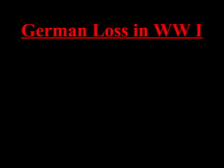 German Loss in WW I
• Hitler was devastated when he heard the news of
the German surrender.
• He was appalled at the anti-war sentiment among
the German civilians.
• Believed there was an anti-war conspiracy that
involved the Jews and Marxists.
• Also, felt that the German military did not lose the
war, but that the politicians (mostly Jews) at home
were responsible for the defeat.
 