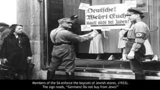 Members of the SA enforce the boycott of Jewish stores, (1933).
The sign reads, “Germans! Do not buy from Jews!”
 