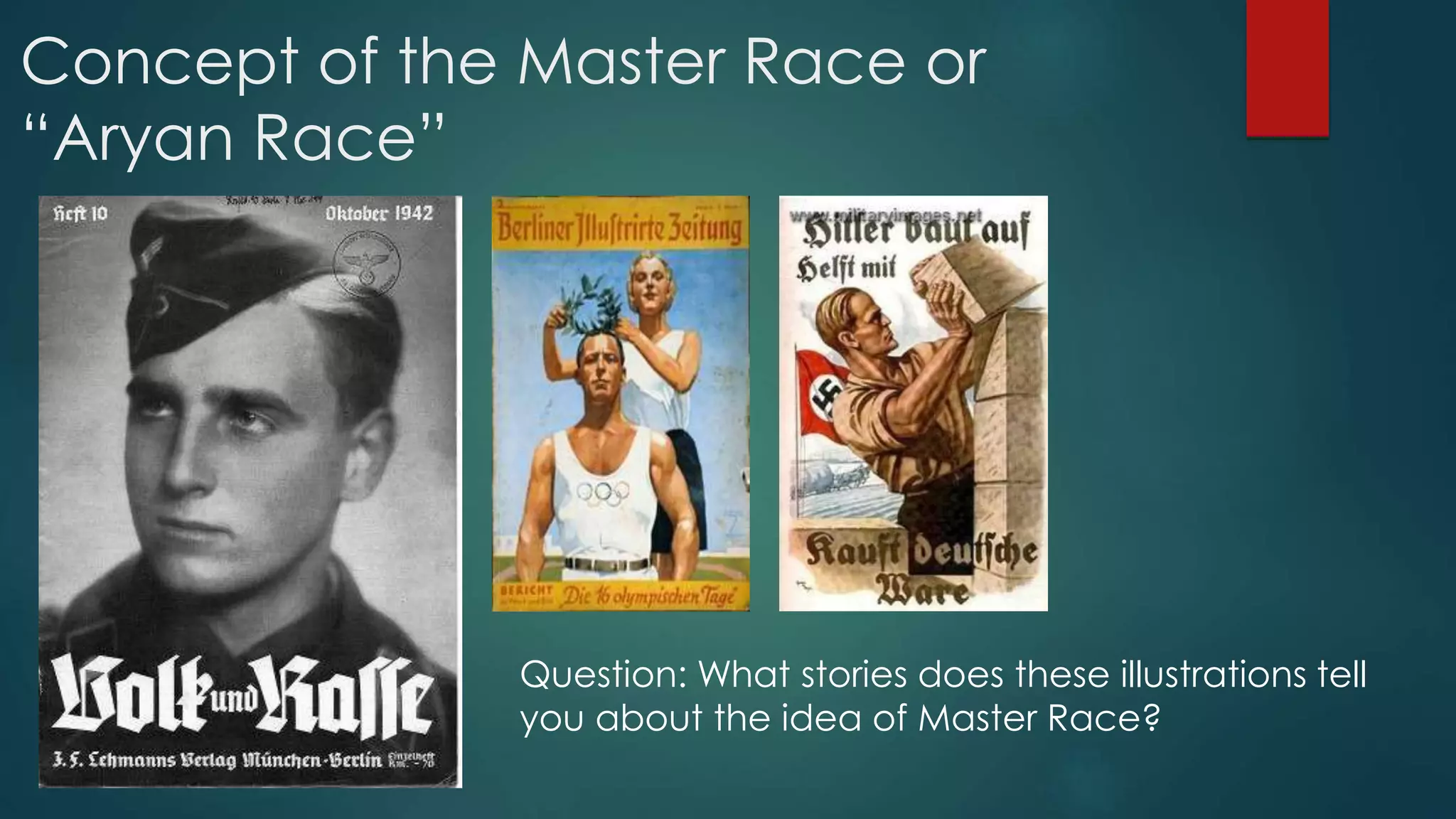 Concept of the Master Race or
“Aryan Race”
Question: What stories does these illustrations tell
you about the idea of Master Race?
 