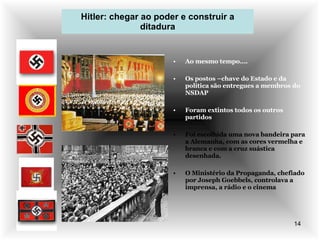 Hitler: chegar ao poder e construir a ditadura Ao mesmo tempo…. Os postos –chave do Estado e da política são entregues a membros do NSDAP Foram extintos todos os outros partidos Foi escolhida uma nova bandeira para a Alemanha, com as cores vermelha e branca e com a cruz suástica desenhada. O Ministério da Propaganda, chefiado por Joseph Goebbels, controlava a imprensa, a rádio e o cinema 