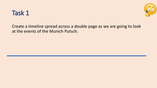 Task 1
Create a timeline spread across a double page as we are going to look
at the events of the Munich Putsch.
 