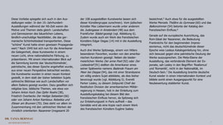 DR. TANJA BERNSAU
ART RESEARCH SERVICE 7
Diese Vorliebe spiegelte sich auch in den Aus-
stellungen wider: In den 19.-Jahrhundert-
Ausstellungen während der NS-Zeit waren die
Motive und Themen stets gleich: Landschaften
und Genreszenen des bäuerlichen Lebens,
ländlich-unschuldige Nacktbilder, die das ger-
manische Schönheitsideal transportierten. Diese
"schöne" Kunst hatte einen gewissen Propaganda-
wert.4 Nach 1945 bot sich nun für die Amerikaner
die Gelegenheit, diese Kunstwerke in einem
neuen Licht, ohne nationalistische Färbung, zu
präsentieren. Mit einem internationalen Blick auf
die Sammlung konnte das 'deutschtümelnde',
patriotische, das dieser Epoche angeheftet wurde,
aus einer neuen Perspektive betrachtet werden.
Die Kunstwerke wurden in einen neuen Kontext
gestellt, in dem statt der bisher beliebten Sujets
zahlreiche Bildnisse wie auch Landschaften vor
allem Italiens gezeigt wurden. Dazu gesellten sich
religiöse bzw. biblische Themen, wie etwa von
Johann Anton Koch Das Opfer Noahs (38),
Friedrich Overbecks Der Heilige Sebastian (66)
oder von Johann Anton Ramboux Rebekka und
Elieser am Brunnen (70). Dies steht vor allem im
Zusammenhang mit den zahlreichen Werken der
christlich orientierten Nazarener (insgesamt 20
der 108 ausgestellten Kunstwerke lassen sich
dieser Künstlergruppe zurechnen). Vom jüdischen
Künstler Max Liebermann wurde unter anderem
die Judengasse in Amsterdam (48) aus dem
Frankfurter Städel gezeigt (vgl. Abbildung 6).
Zudem wurde auch ein Werk des französischen
Künstlers Edgar Degas (14) mit in die Ausstellung
integriert.
Auch drei Werke Spitzwegs, einem von Hitlers
besonderen Favoriten, wurden von den amerika-
nischen Kuratoren gezeigt: Neben die bieder-
meierlichen Werke Der arme Poet (92) oder Der
Liebesbrief (91) stellten die Amerikaner eines
seiner Spätwerke namens Badende Frauen am
Meer bei Dieppe (94), das mit einer Strandszene
ein völlig anders Sujet abbildete, als dies bisher
bevorzugt wurde (vgl. Abbildung 5). Everett
Parker Lesley, zu diesem Zeitpunkt Chief der
Restitution Division der amerikanischen Militär-
regierung in Hessen, hob in der Einleitung zum
Ausstellungskatalog bei diesem Bild den
französischen Einfluss hervor, da Spitzweg sich
zur Entstehungszeit in Paris aufhielt – das
Gemälde wird als eine Kopie nach einem Werk
des französischen Künstlers Eugène Isabey
bezeichnet.5 Auch etwa für die ausgestellten
Werke Menzels Théâtre du Gymnase (60) und das
Balkonzimmer (54) betonte der Katalog den
französischen Einfluss.6
Gerade auf die europäische Ausrichtung, das
Rom-Ideal der Nazarener, die Bedeutung
Frankreichs für den beginnenden Impres-
sionismus, nicht das deutschtümelnde dieser
Epoche wies Lesleys Katalogeinleitung hin, ohne
sich bewusst gegen eine patriotische Deutung der
Werke auszusprechen. Die Meta-Ebene der
Ausstellung, das verbindende Element der Ex-
ponate, sah Lesley in den Begriffen 'Realismus'
und 'Romantik', nicht in der Nationalität, im
Deutsch-Sein.7 Die Ausstellung brachte deutsche
Kunst wieder in einen internationalen Kontext und
bildete somit einen Ausgangspunkt für eine
Neubewertung etablierter Kunst.
 