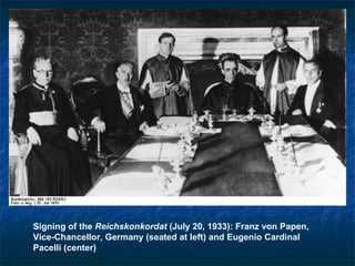 Signing of the  Reichskonkordat  (July 20, 1933): Franz von Papen, Vice-Chancellor, Germany (seated at left) and Eugenio Cardinal Pacelli (center) 