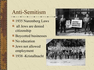 Anti-Semitism
1935 Nuremberg Laws
all Jews are denied
citizenship
Boycotted businesses
No education
Jews not allowed
employment
1938 -Kristallnacht
 
