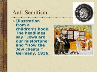 Anti-Semitism
Illustration
from a
children's book.
The headlines
say "Jews are
our misfortune"
and "How the
Jew cheats."
Germany, 1936.
 