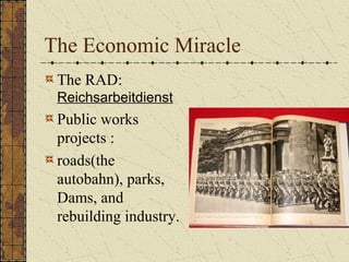 The Economic Miracle
The RAD:
Reichsarbeitdienst
Public works
projects :
roads(the
autobahn), parks,
Dams, and
rebuilding industry.
 