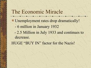 The Economic Miracle
Unemployment rates drop dramatically!
- 6 million in January 1932
- 2.5 Million in July 1933 and continues to
decrease.
HUGE “BUY IN” factor for the Nazis!
 