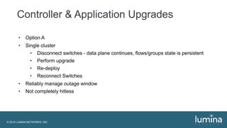 © 2018 LUMINA NETWORKS, INC.
Controller & Application Upgrades
• Option A
• Single cluster
• Disconnect switches - data plane continues, flows/groups state is persistent
• Perform upgrade
• Re-deploy
• Reconnect Switches
• Reliably manage outage window
• Not completely hitless
 