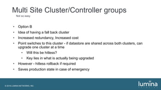© 2018 LUMINA NETWORKS, INC.
Multi Site Cluster/Controller groups
Not so easy
• Option B
• Idea of having a fall back cluster
• Increased redundancy, Increased cost
• Point switches to this cluster - if datastore are shared across both clusters, can
upgrade one cluster at a time
• Will this be hitless?
• Key lies in what is actually being upgraded
• However - hitless rollback if required
• Saves production state in case of emergency
 