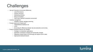 © 2018 LUMINA NETWORKS, INC.
Challenges
• Lab and Production environment differences
• Users/Permissions
• Directory Structure
• Addressing schemes
• Resource limitation
• Hard to get "identical" production environment
• Inventory management
• Variables, secrets, package versioning
• Process needs to be "bullet proof"
• Tested/Refined,Feedback, etc
• CI/CD
• Accounting for differences between lab and production can be tricky
• Product Changes/Customer tool changes
• Changes in orchestration applications
• Application namespace changes and functionality changes
• Regression testing needs to be thorough and capture corner cases
• Appropriate testing framework
 