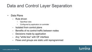 © 2018 LUMINA NETWORKS, INC.
Data and Control Layer Separation
• Data Plane
– Rule driven
• Openflow rules
• Configured by application on controller
– Isolated from control plane
– Benefits of no control traffic between nodes
– Decisions made by application
– Any "white box" with OF interface
– Flows and groups are static until reprogrammed
 