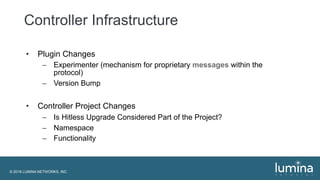 © 2018 LUMINA NETWORKS, INC.
Controller Infrastructure
• Plugin Changes
– Experimenter (mechanism for proprietary messages within the
protocol)
– Version Bump
• Controller Project Changes
– Is Hitless Upgrade Considered Part of the Project?
– Namespace
– Functionality
 