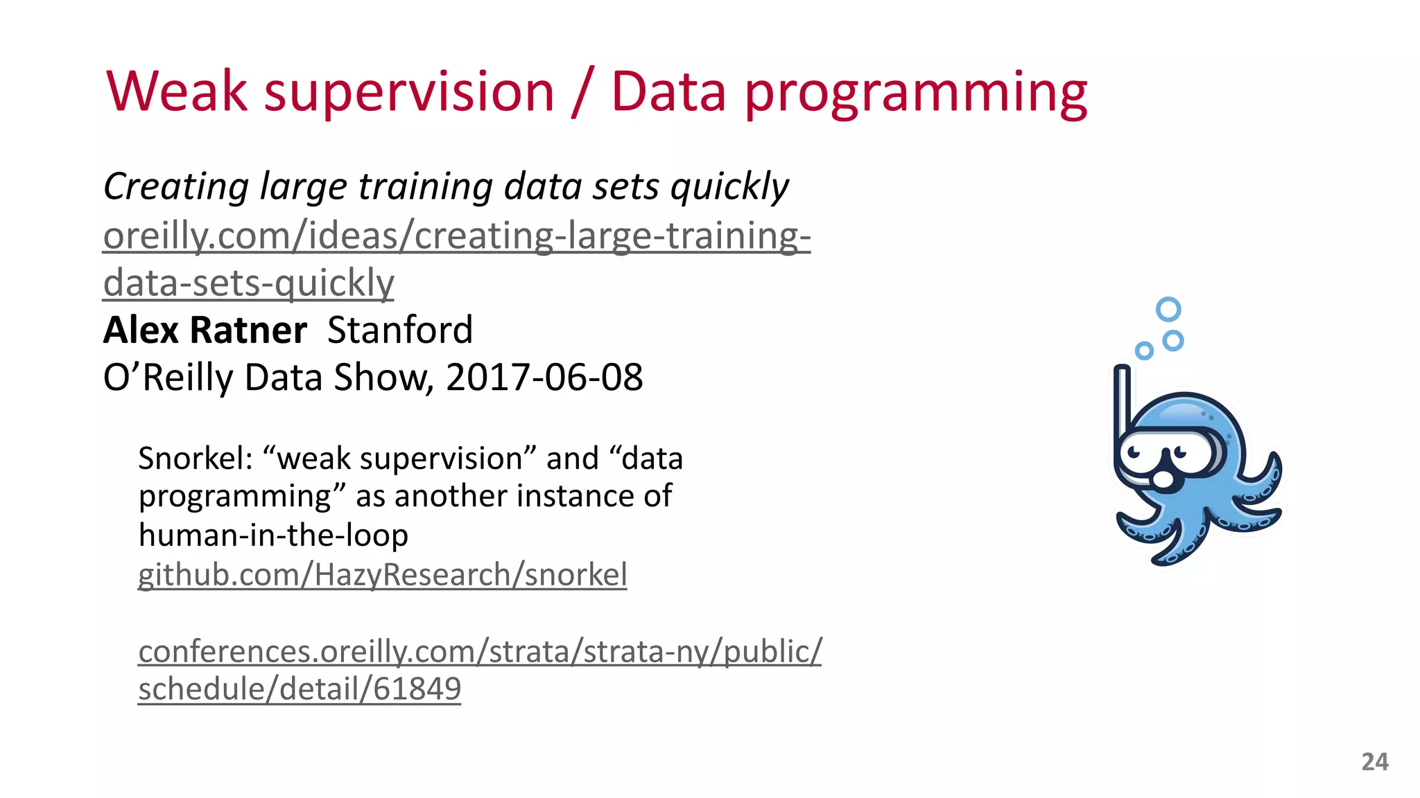 Weak	
  supervision	
  /	
  Data	
  programming
Creating	
  large	
  training	
  data	
  sets	
  quickly 
oreilly.com/ideas/creating-­‐large-­‐training-­‐
data-­‐sets-­‐quickly 
Alex	
  Ratner	
  	
  Stanford 
O’Reilly	
  Data	
  Show,	
  2017-­‐06-­‐08	
  
Snorkel:	
  “weak	
  supervision”	
  and	
  “data	
  
programming”	
  as	
  another	
  instance	
  of	
   
human-­‐in-­‐the-­‐loop 
github.com/HazyResearch/snorkel	
  
conferences.oreilly.com/strata/strata-­‐ny/public/
schedule/detail/61849
24
 