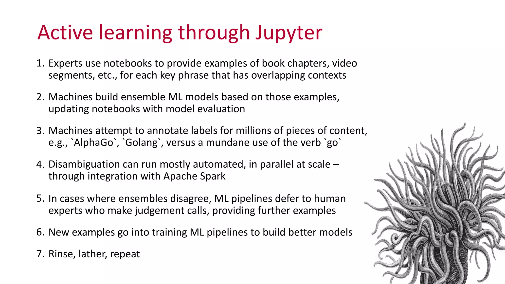 Active	
  learning	
  through	
  Jupyter
1. Experts	
  use	
  notebooks	
  to	
  provide	
  examples	
  of	
  book	
  chapters,	
  video	
  
segments,	
  etc.,	
  for	
  each	
  key	
  phrase	
  that	
  has	
  overlapping	
  contexts	
  
2. Machines	
  build	
  ensemble	
  ML	
  models	
  based	
  on	
  those	
  examples,	
  
updating	
  notebooks	
  with	
  model	
  evaluation	
  
3. Machines	
  attempt	
  to	
  annotate	
  labels	
  for	
  millions	
  of	
  pieces	
  of	
  content,	
   
e.g.,	
  `AlphaGo`,	
  `Golang`,	
  versus	
  a	
  mundane	
  use	
  of	
  the	
  verb	
  `go`	
  
4. Disambiguation	
  can	
  run	
  mostly	
  automated,	
  in	
  parallel	
  at	
  scale	
  –	
   
through	
  integration	
  with	
  Apache	
  Spark	
  
5. In	
  cases	
  where	
  ensembles	
  disagree,	
  ML	
  pipelines	
  defer	
  to	
  human	
  
experts	
  who	
  make	
  judgement	
  calls,	
  providing	
  further	
  examples	
  
6. New	
  examples	
  go	
  into	
  training	
  ML	
  pipelines	
  to	
  build	
  better	
  models	
  
7. Rinse,	
  lather,	
  repeat
 