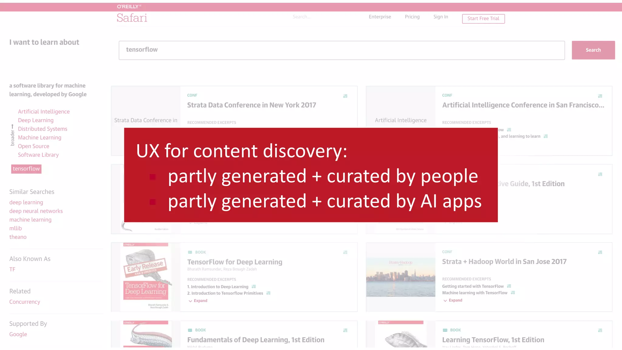 UX	
  for	
  content	
  discovery:	
  
▪ partly	
  generated	
  +	
  curated	
  by	
  people	
  
▪ partly	
  generated	
  +	
  curated	
  by	
  AI	
  apps
 
