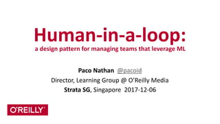 Human-­‐in-­‐a-­‐loop:	
  a	
  design	
  pattern	
  for	
  managing	
  teams	
  that	
  leverage	
  ML
Paco	
  Nathan	
  	
  @pacoid	
  
Director,	
  Learning	
  Group	
  @	
  O’Reilly	
  Media	
  
Strata	
  SG,	
  Singapore	
  	
  2017-­‐12-­‐06
 