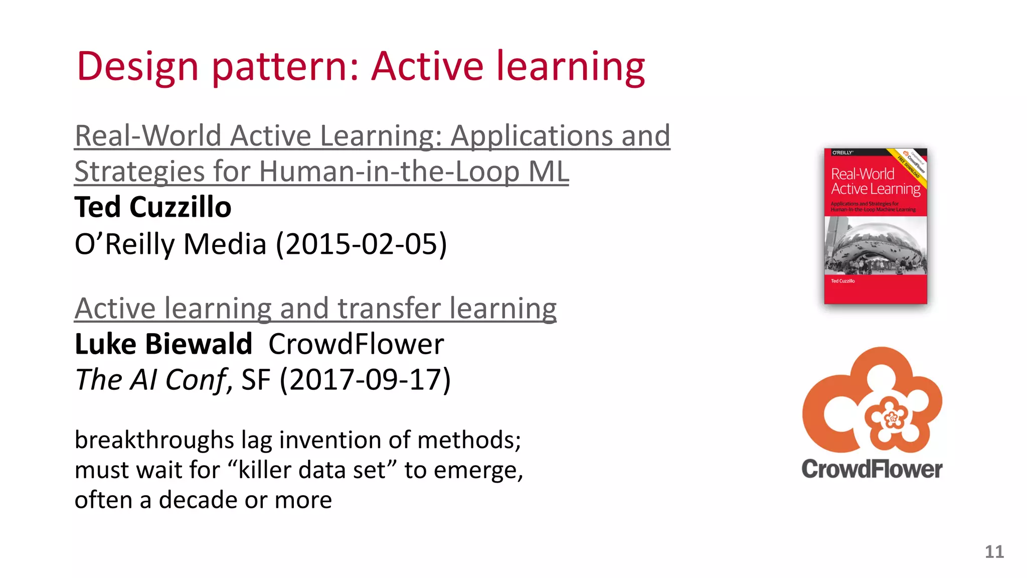 Design	
  pattern:	
  Active	
  learning
Real-­‐World	
  Active	
  Learning:	
  Applications	
  and	
  
Strategies	
  for	
  Human-­‐in-­‐the-­‐Loop	
  ML 
Ted	
  Cuzzillo 
O’Reilly	
  Media	
  (2015-­‐02-­‐05)	
  
Active	
  learning	
  and	
  transfer	
  learning 
Luke	
  Biewald	
  	
  CrowdFlower 
The	
  AI	
  Conf,	
  SF	
  (2017-­‐09-­‐17)	
  
breakthroughs	
  lag	
  invention	
  of	
  methods; 
must	
  wait	
  for	
  “killer	
  data	
  set”	
  to	
  emerge,	
   
often	
  a	
  decade	
  or	
  more
11
 