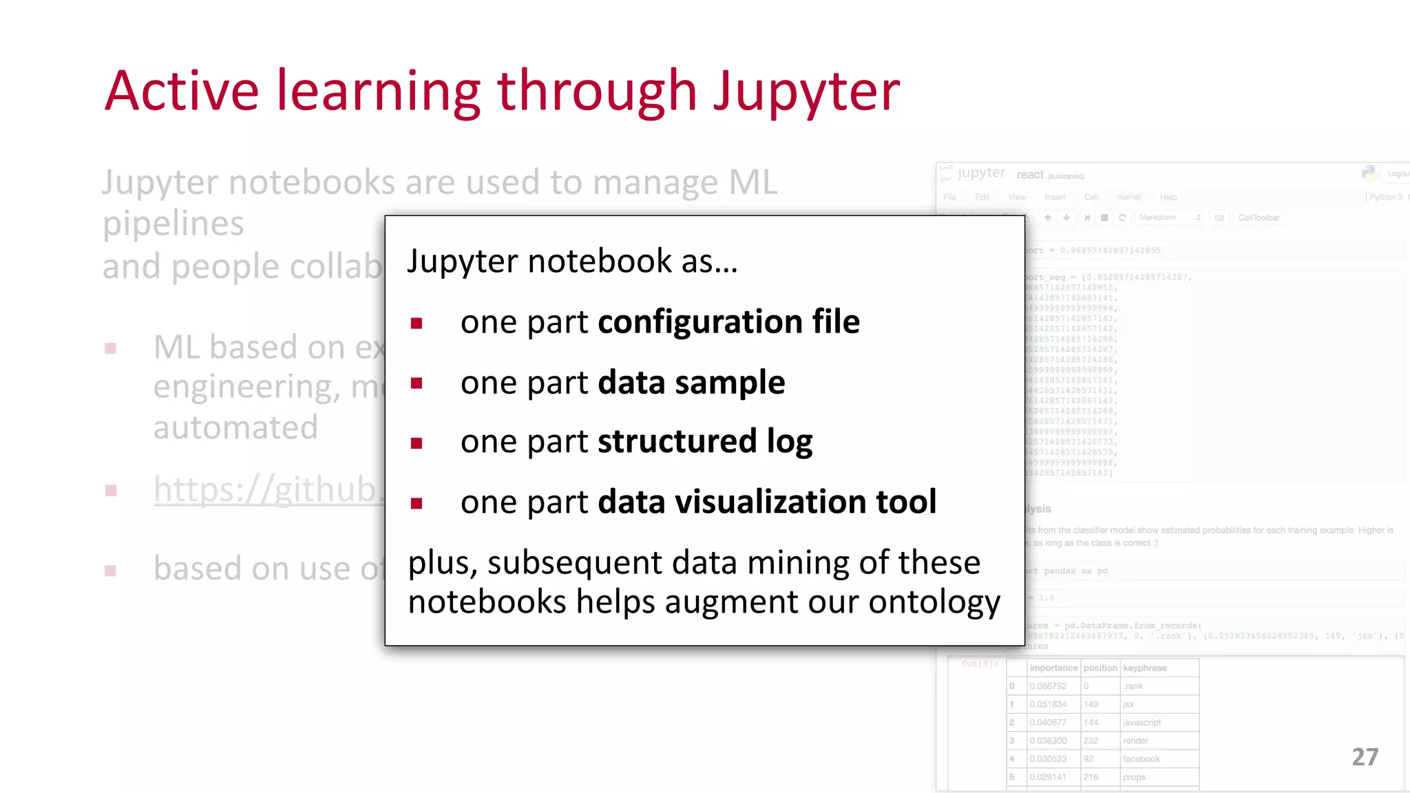 Active	
  learning	
  through	
  Jupyter
27
Jupyter	
  notebooks	
  are	
  used	
  to	
  manage	
  ML	
  
pipelines
and	
  people	
  collaborate:	
  
▪ ML	
  based	
  on	
  examples	
  –	
  most	
  all	
  of	
  the	
  feature	
  
engineering,	
  model	
  parameters,	
  etc.,	
  has	
  been	
  
automated	
  
▪ https://github.com/ceteri/nbtransom
▪ based	
  on	
  use	
  of	
  
Jupyter	
  notebook	
  as…	
  
▪ one	
  part	
  configuration	
  file	
  
▪ one	
  part	
  data	
  sample	
  
▪ one	
  part	
  structured	
  log	
  
▪ one	
  part	
  data	
  visualization	
  tool	
  
plus,	
  subsequent	
  data	
  mining	
  of	
  these	
   
notebooks	
  helps	
  augment	
  our	
  ontology
 