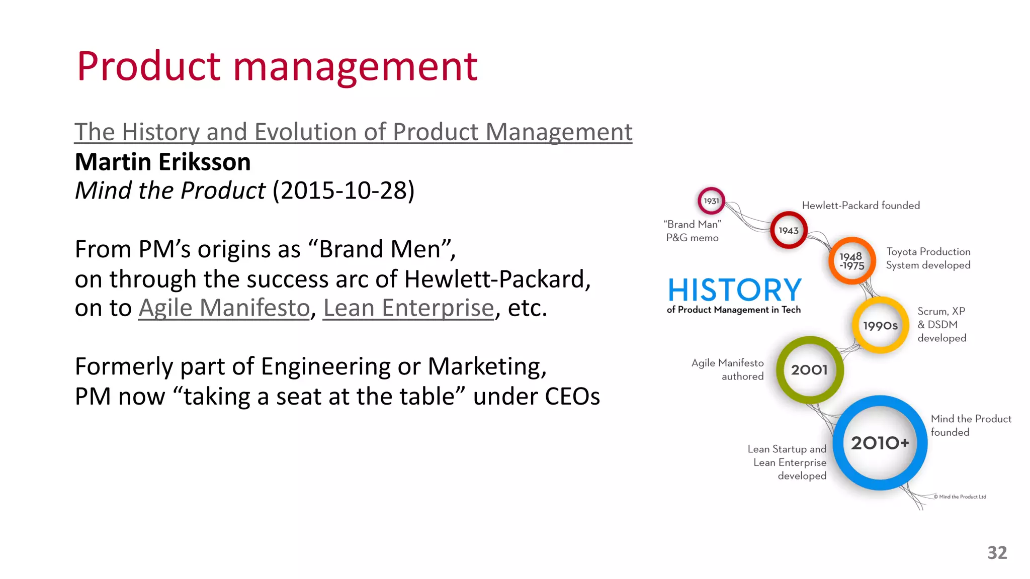 Product	
  management
The	
  History	
  and	
  Evolution	
  of	
  Product	
  Management 
Martin	
  Eriksson 
Mind	
  the	
  Product	
  (2015-­‐10-­‐28)	
  
From	
  PM’s	
  origins	
  as	
  “Brand	
  Men”, 
on	
  through	
  the	
  success	
  arc	
  of	
  Hewlett-­‐Packard, 
on	
  to	
  Agile	
  Manifesto,	
  Lean	
  Enterprise,	
  etc.	
  
Formerly	
  part	
  of	
  Engineering	
  or	
  Marketing, 
PM	
  now	
  “taking	
  a	
  seat	
  at	
  the	
  table”	
  under	
  CEOs
32
 