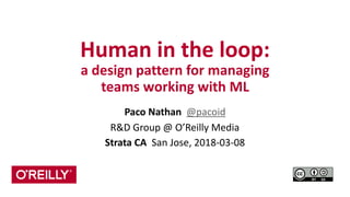 Human	
  in	
  the	
  loop:	
  
a	
  design	
  pattern	
  for	
  managing	
  	
  
teams	
  working	
  with	
  ML
Paco	
  Nathan	
  	
  @pacoid	
  
R&D	
  Group	
  @	
  O’Reilly	
  Media	
  
Strata	
  CA	
  	
  San	
  Jose,	
  2018-­‐03-­‐08
 
