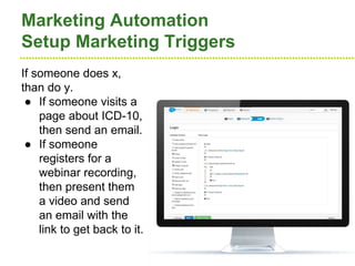 ●●●●●●●●●●●●●●●●●●●●●●●●●●●●●●●●●●●●●●●●●●●●●●●●●●●●●●●●●●●●●●●●●●●●●●●●●●●●●●●●●●●●●●●●●●●●●●●●●●●●●●●●●●●●●●●●●●
Marketing Automation
Setup Marketing Triggers
If someone does x,
than do y.
● If someone visits a
page about ICD-10,
then send an email.
● If someone
registers for a
webinar recording,
then present them
a video and send
an email with the
link to get back to it.
 