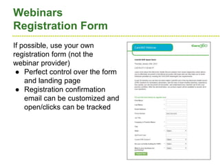 ●●●●●●●●●●●●●●●●●●●●●●●●●●●●●●●●●●●●●●●●●●●●●●●●●●●●●●●●●●●●●●●●●●●●●●●●●●●●●●●●●●●●●●●●●●●●●●●●●●●●●●●●●●●●●●●●●●
Webinars
Registration Form
If possible, use your own
registration form (not the
webinar provider)
● Perfect control over the form
and landing page
● Registration confirmation
email can be customized and
open/clicks can be tracked
 