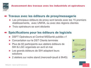 5
Avancement des travaux avec les industriels et opérateurs
Travaux avec les éditeurs de proxy/messagerie
► Les principaux éditeurs de proxy sont lancés avec les 15 premiers
établissements, avec UNIHA, ou avec des régions clientes
► Trois opérateurs se sont déclarés
Spécifications pour les éditeurs de logiciels
► DSFT Opérateurs et Contrat MSSanté publiés v1
► Concertation sur le DST Clients terminée
► Plus de 60 participants aux ateliers éditeurs de
SIH & LGC organisés en avril et mai
► Les grands éditeurs de SIH adaptent leurs
solutions
► 2 ateliers sur notre stand (mercredi+jeudi à 9h45)
MSSanté – Salons Santé Autonomie
 