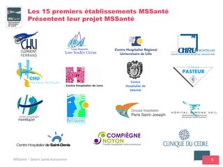 8
Les 15 premiers établissements MSSanté
Présentent leur projet MSSanté
MSSanté – Salons Santé Autonomie
Centre
Hospitalier de
Sélestat
 