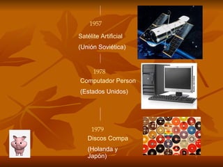 1957 Satélite Artificial (Unión Soviética) 1978 Computador Personal (Estados Unidos) 1979 Discos Compactos (Holanda y Japón) 