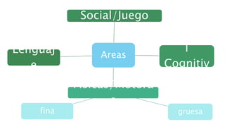 Areas
Fisicas/Motora
s
fina gruesa
Sensoria
l
Cognitiv
a
Social/Juego
Lenguaj
e
 