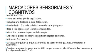 MARCADORES SENSORIALES Y
COGNITIVOSMuestra afecto.
Tiene ansiedad por la separación.
Escucha una historia o mira fotografías.
Puede decir 10 o más palabras cuando se le pregunta.
Besa a los padres con los labios fruncidos.
Identifica una o más partes del cuerpo.
Entiende y puede señalar e identificar objetos comunes.
Imita con frecuencia.
Es capaz de quitarse algunas prendas de vestir como guantes, sombreros y
calcetines.
Comienza a experimentar un sentido de pertenencia, identificando las personas y
los objetos diciendo "mi".
 
