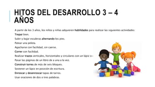 HITOS DEL DESARROLLO 3 – 4
AÑOS
A partir de los 3 años, los niños y niñas adquieren habilidades para realizar las siguientes actividades:
Trepar bien.
Subir y bajar escaleras alternando los pies.
Patear una pelota.
Agacharse con facilidad, sin caerse.
Correr con facilidad.
Realizar trazos verticales, horizontales y circulares con un lápiz o crayón.
Pasar las páginas de un libro de a una a la vez.
Construir torres de más de seis bloques.
Sostener un lápiz en posición de escritura.
Enroscar y desenroscar tapas de tarros.
Usar oraciones de dos o tres palabras.
 