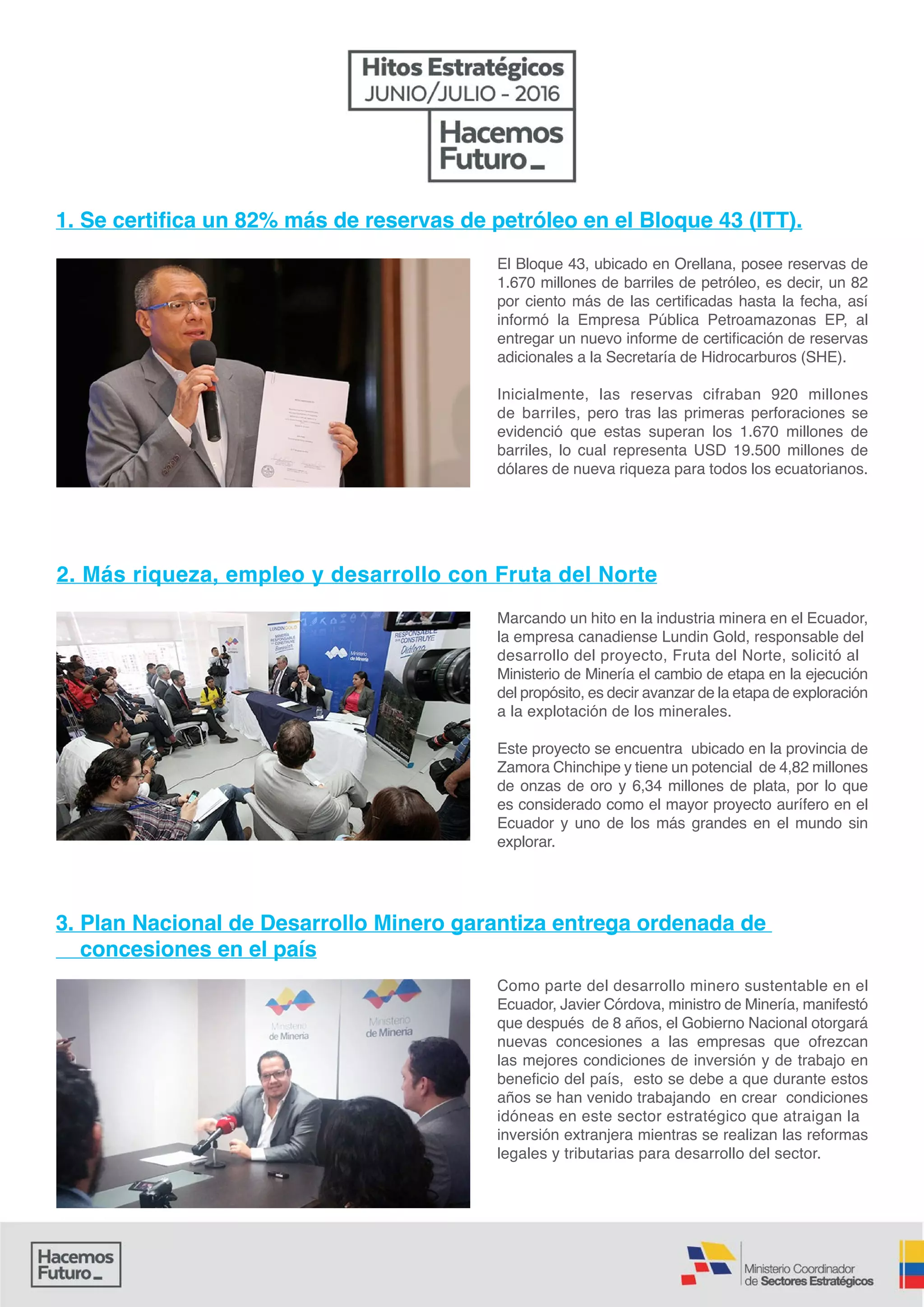 El Bloque 43, ubicado en Orellana, posee reservas de
1.670 millones de barriles de petróleo, es decir, un 82
por ciento más de las certificadas hasta la fecha, así
informó la Empresa Pública Petroamazonas EP, al
entregar un nuevo informe de certificación de reservas
adicionales a la Secretaría de Hidrocarburos (SHE).
Inicialmente, las reservas cifraban 920 millones
de barriles, pero tras las primeras perforaciones se
evidenció que estas superan los 1.670 millones de
barriles, lo cual representa USD 19.500 millones de
dólares de nueva riqueza para todos los ecuatorianos.
Marcando un hito en la industria minera en el Ecuador,
la empresa canadiense Lundin Gold, responsable del
desarrollo del proyecto, Fruta del Norte, solicitó al
Ministerio de Minería el cambio de etapa en la ejecución
del propósito, es decir avanzar de la etapa de exploración
a la explotación de los minerales.
Este proyecto se encuentra ubicado en la provincia de
Zamora Chinchipe y tiene un potencial de 4,82 millones
de onzas de oro y 6,34 millones de plata, por lo que
es considerado como el mayor proyecto aurífero en el
Ecuador y uno de los más grandes en el mundo sin
explorar.
1. Se certifica un 82% más de reservas de petróleo en el Bloque 43 (ITT).
2. Más riqueza, empleo y desarrollo con Fruta del Norte
Como parte del desarrollo minero sustentable en el
Ecuador, Javier Córdova, ministro de Minería, manifestó
que después de 8 años, el Gobierno Nacional otorgará
nuevas concesiones a las empresas que ofrezcan
las mejores condiciones de inversión y de trabajo en
beneficio del país, esto se debe a que durante estos
años se han venido trabajando en crear condiciones
idóneas en este sector estratégico que atraigan la
inversión extranjera mientras se realizan las reformas
legales y tributarias para desarrollo del sector.
3. Plan Nacional de Desarrollo Minero garantiza entrega ordenada de
concesiones en el país
 